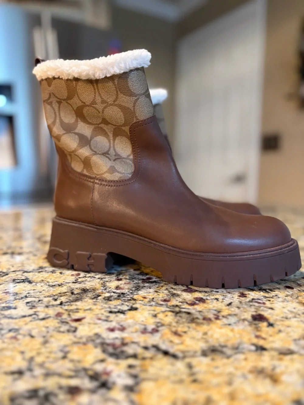 Coach Brown Logo-Panel Leather Platform Boots with Cream Shearling Cuff sz 8 - Picture 12 of 12